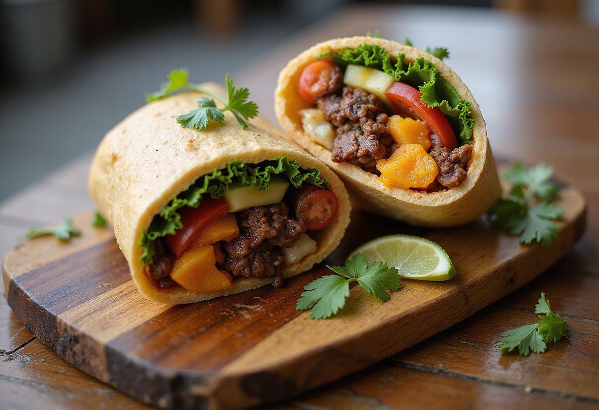 Final presentation of a savory al pastor burrito, sliced to reveal its delicious filling, garnished with lime and herbs.