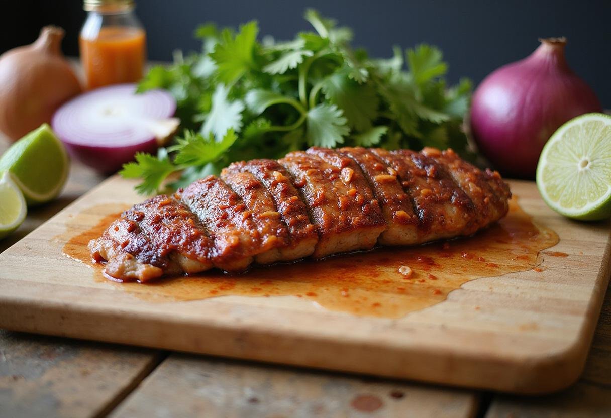 Fresh ingredients for al pastor burrito including marinated pork, onions, cilantro, and lime in a bright kitchen.