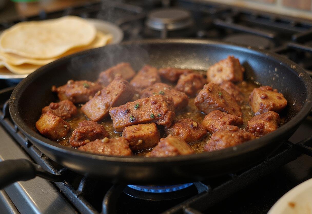 Cooking al pastor pork in a skillet for a savory burrito, showcasing delicious sizzling meats and warm tortillas.