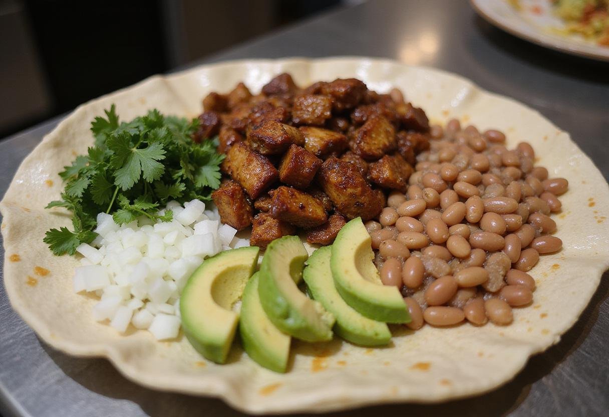 Colorful ingredients for al pastor burrito filling on a countertop, featuring cooked pork, onions, cilantro, avocado, and refried beans.