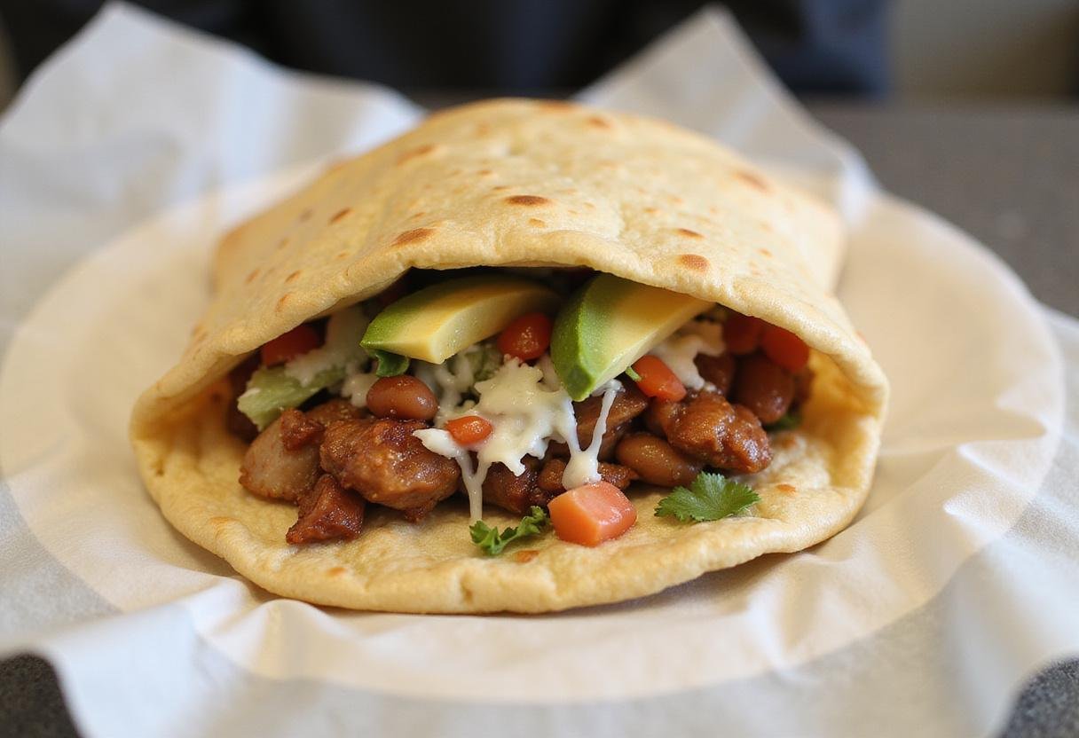 Rolling a savory al pastor burrito filled with pork, beans, and fresh toppings on a clean kitchen countertop.