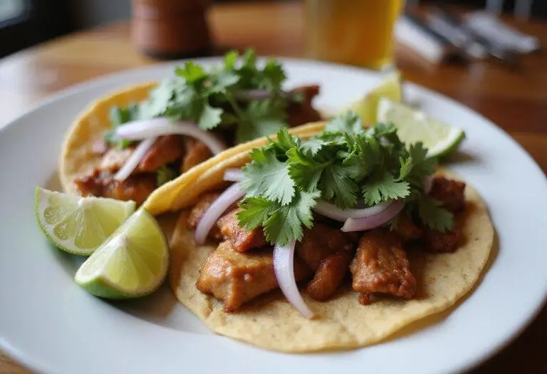 Delicious savory asado tacos beautifully arranged with pollo and fresh toppings.