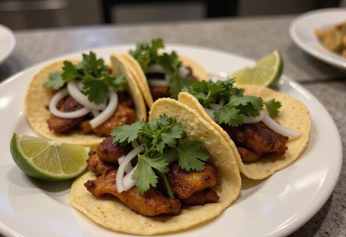 Delicious savory asado tacos beautifully arranged with pollo and fresh toppings.