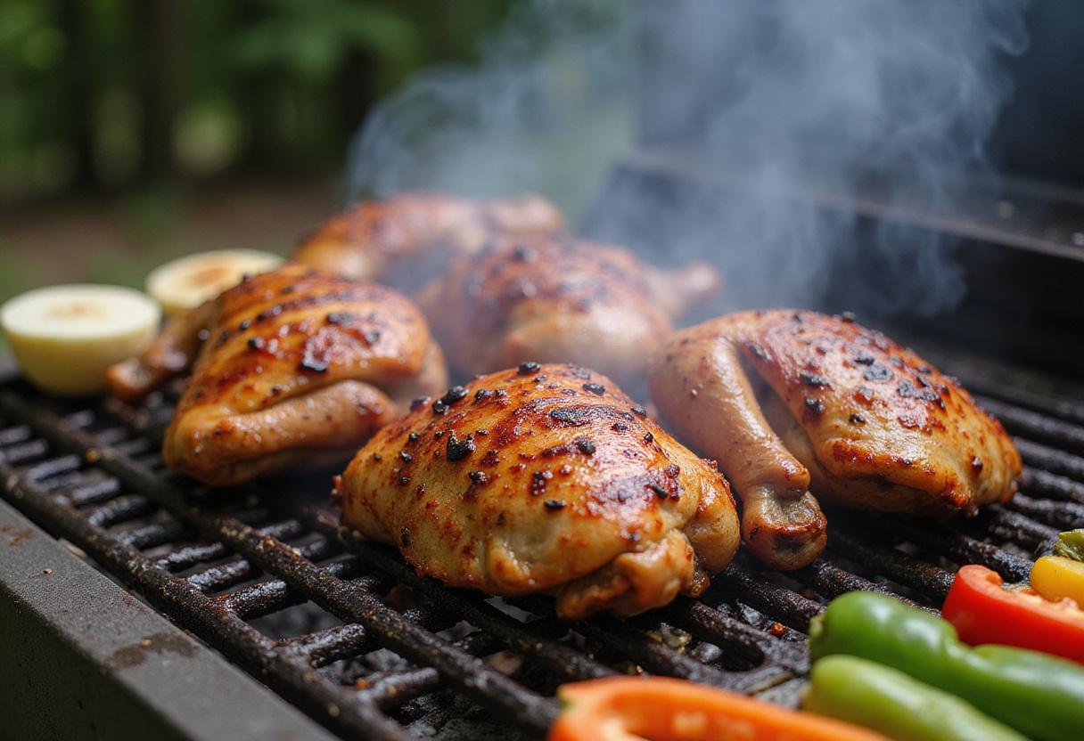 Grilling the marinated chicken for pollo asado tacos on a hot grill.