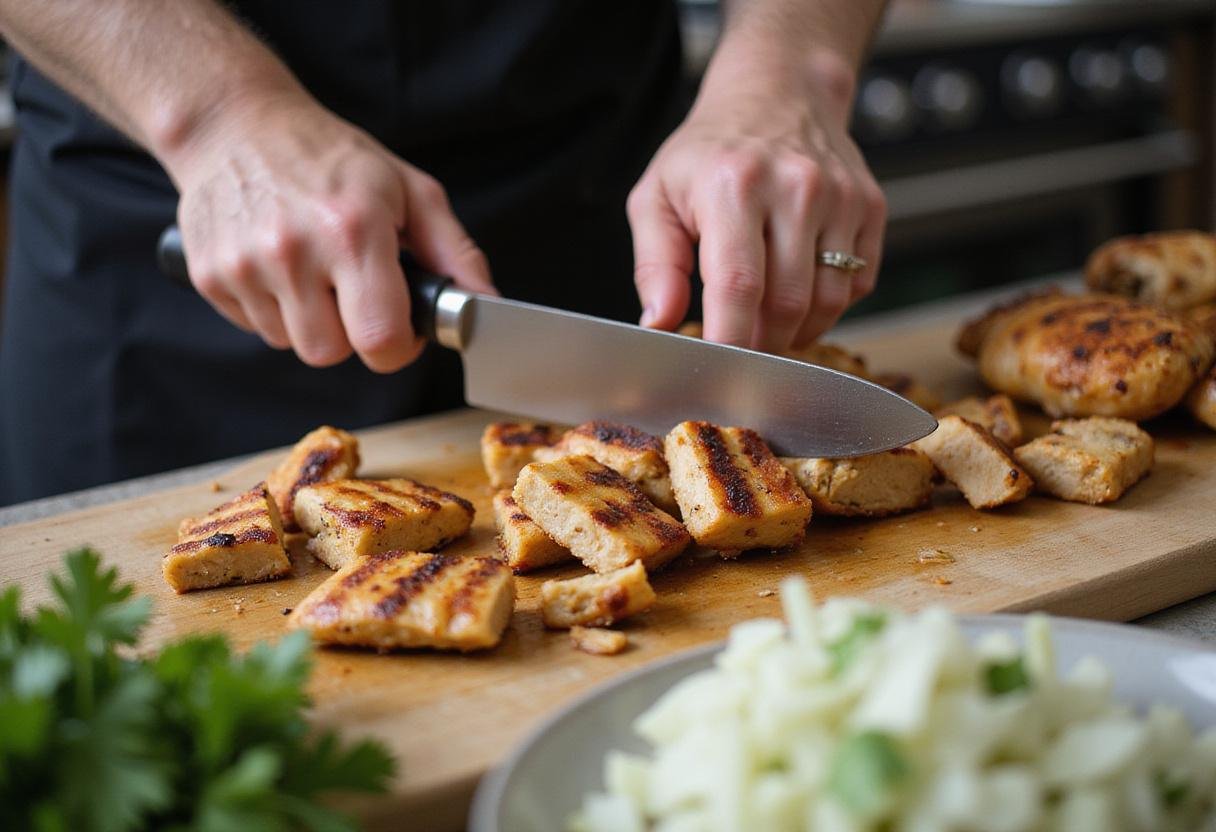 Slicing grilled chicken for savory pollo asado tacos with fresh toppings.