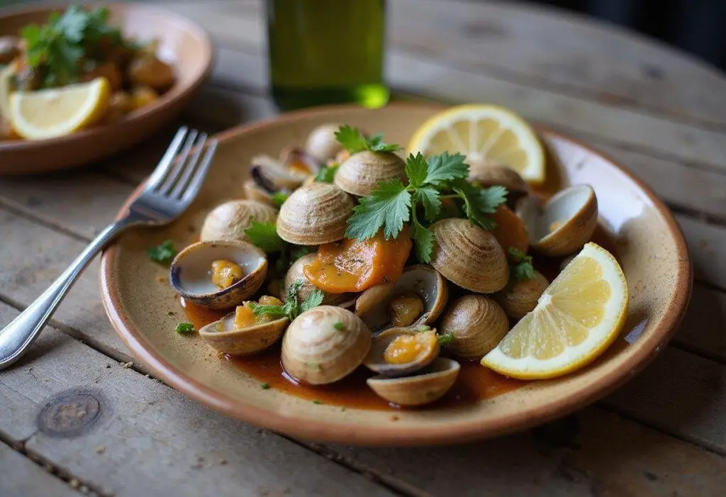 Gourmet presentation of savory clams seafood delights, showcasing the final dish with vibrant colors and fresh ingredients.