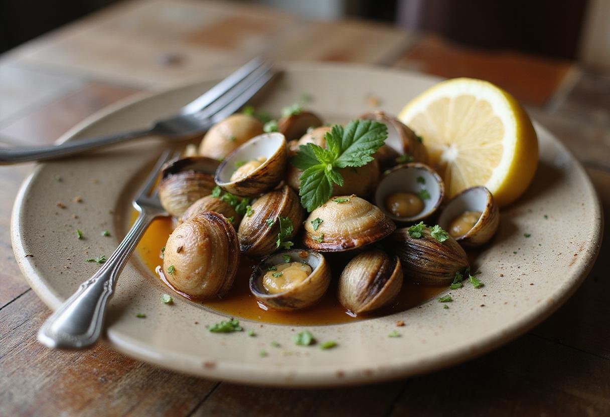 Gourmet presentation of savory clams seafood delights, showcasing the final dish with vibrant colors and fresh ingredients.