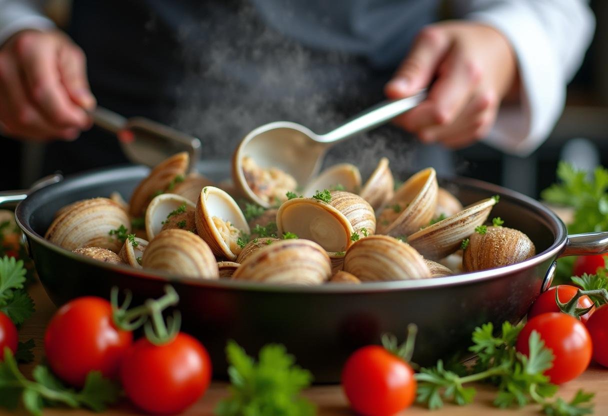 Stirring clams with vegetables for savory clams seafood delights, illustrating the melding of flavors in a well-prepared dish.