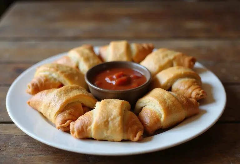 Delicious Savory Crescent Pizza Rolls ready to be enjoyed, served with marinara sauce.