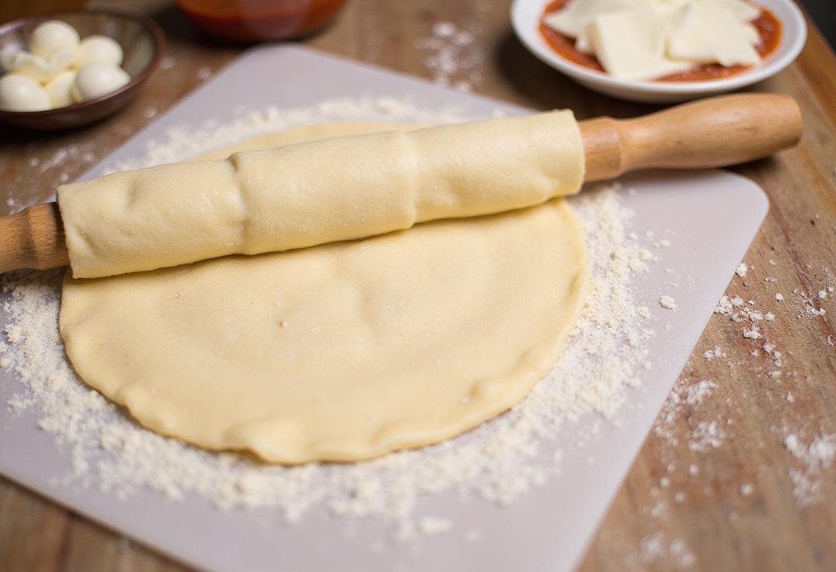 Savory Crescent Pizza Rolls preparation with dough, cheese, and toppings laid out on a counter.