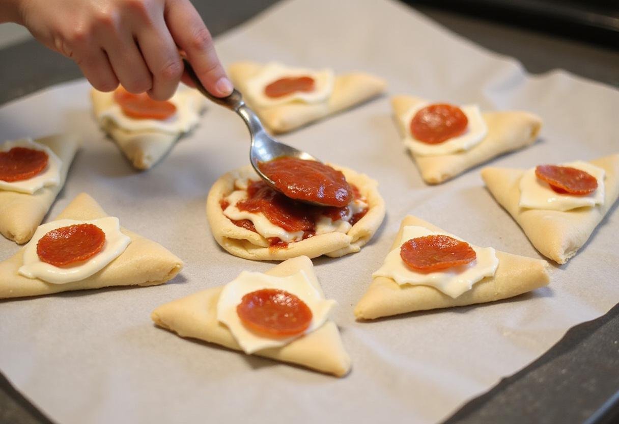 Filling crescent roll dough with pizza toppings for delicious Savory Crescent Pizza Rolls.