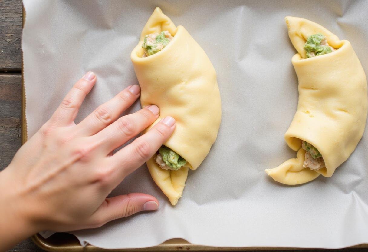 Creating tasty Savory Crescent Pizza Rolls by rolling up filled dough on a baking tray.