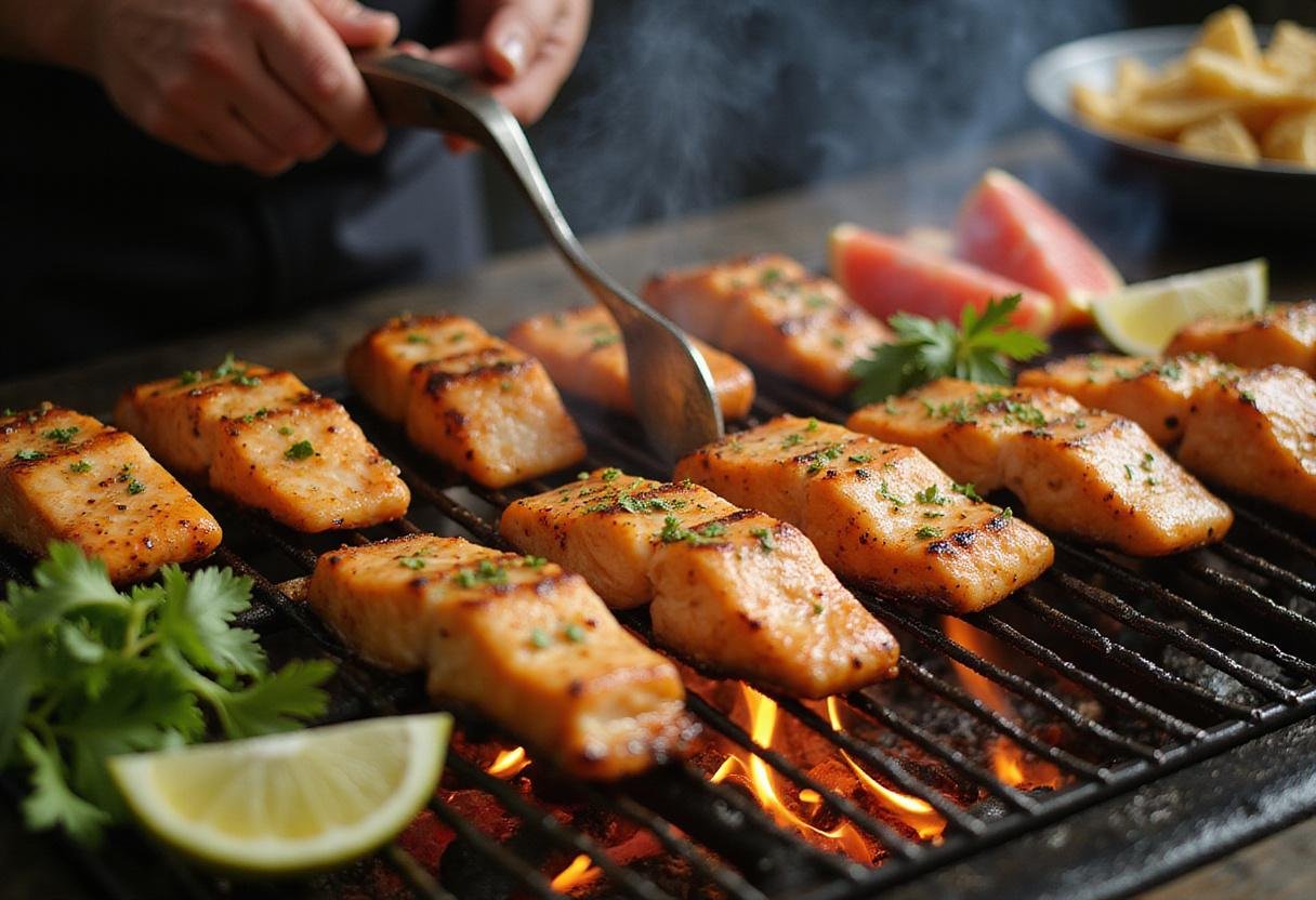 Grilling seasoned fillets for authentic fish taco recipes, achieving a perfect char and flavor.