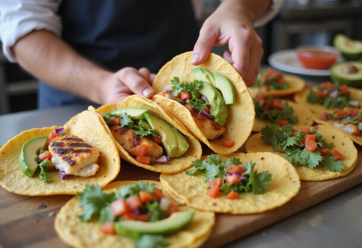 Assembling fresh fish tacos with vibrant ingredients for a delightful fish taco recipe experience.