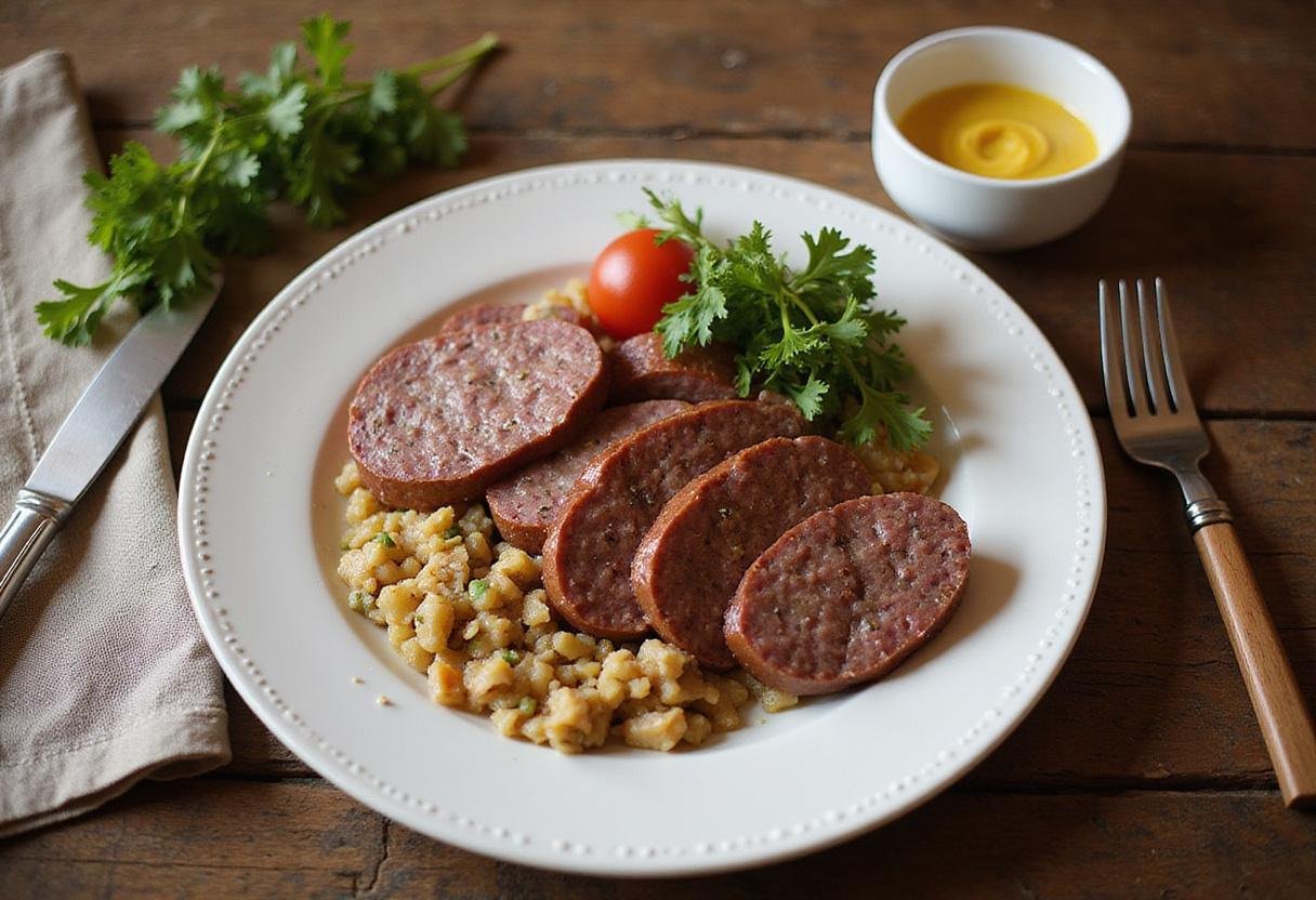 A beautifully styled savory liver sausage plate with all the components intact, perfect for a flavorful meal.