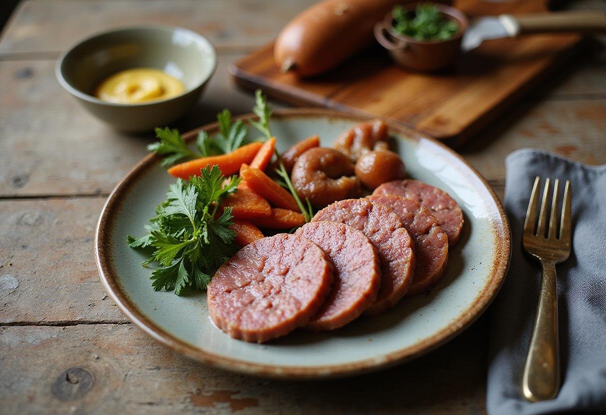A beautifully styled savory liver sausage plate with all the components intact, perfect for a flavorful meal.