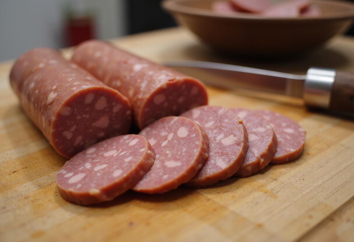 Slicing fresh liver sausage on a wooden cutting board, ideal for a savory liver sausage plate preparation.