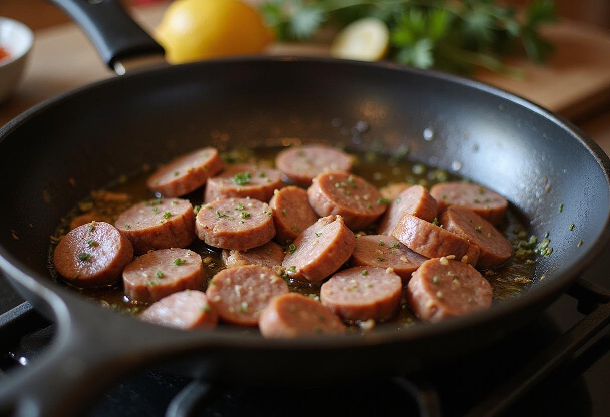 Frying sliced liver sausage in a pan, a crucial step in making a delicious liver sausage plate.