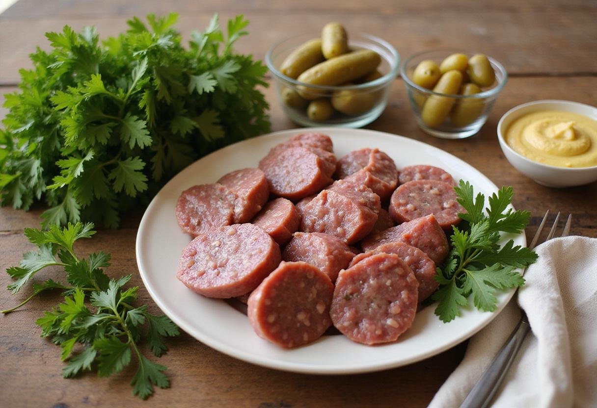 Preparing garnishes for a liver sausage plate including parsley, pickles, and mustard for added flavor.