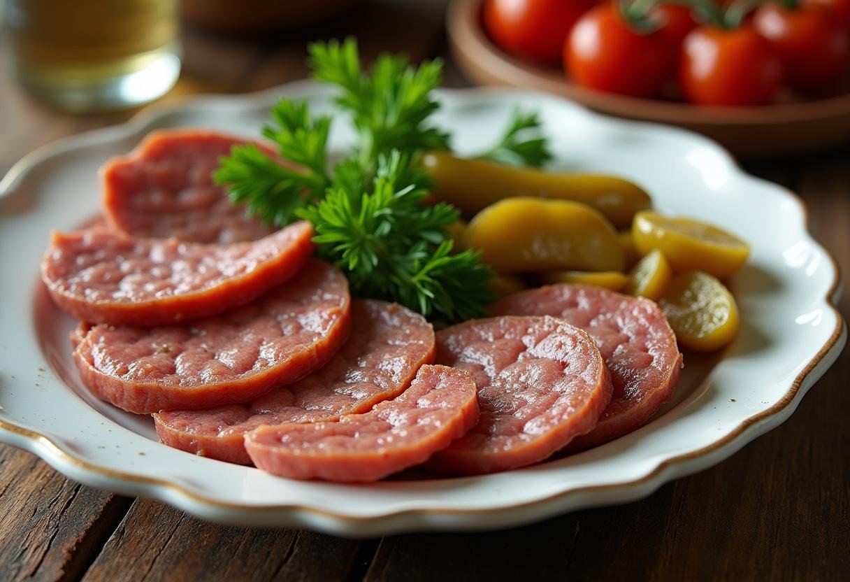 Serving a savory liver sausage plate with garnishes, an appetizing presentation for liver sausage lovers.