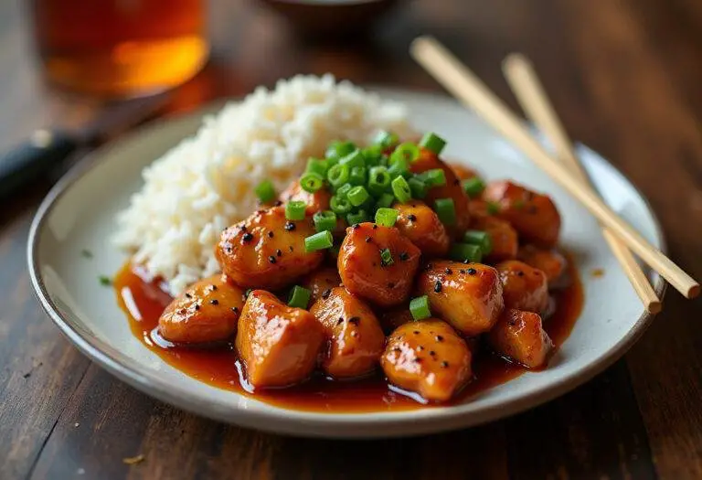 Final presentation of Panda Express black pepper chicken with rice, ideal for a flavorful meal.