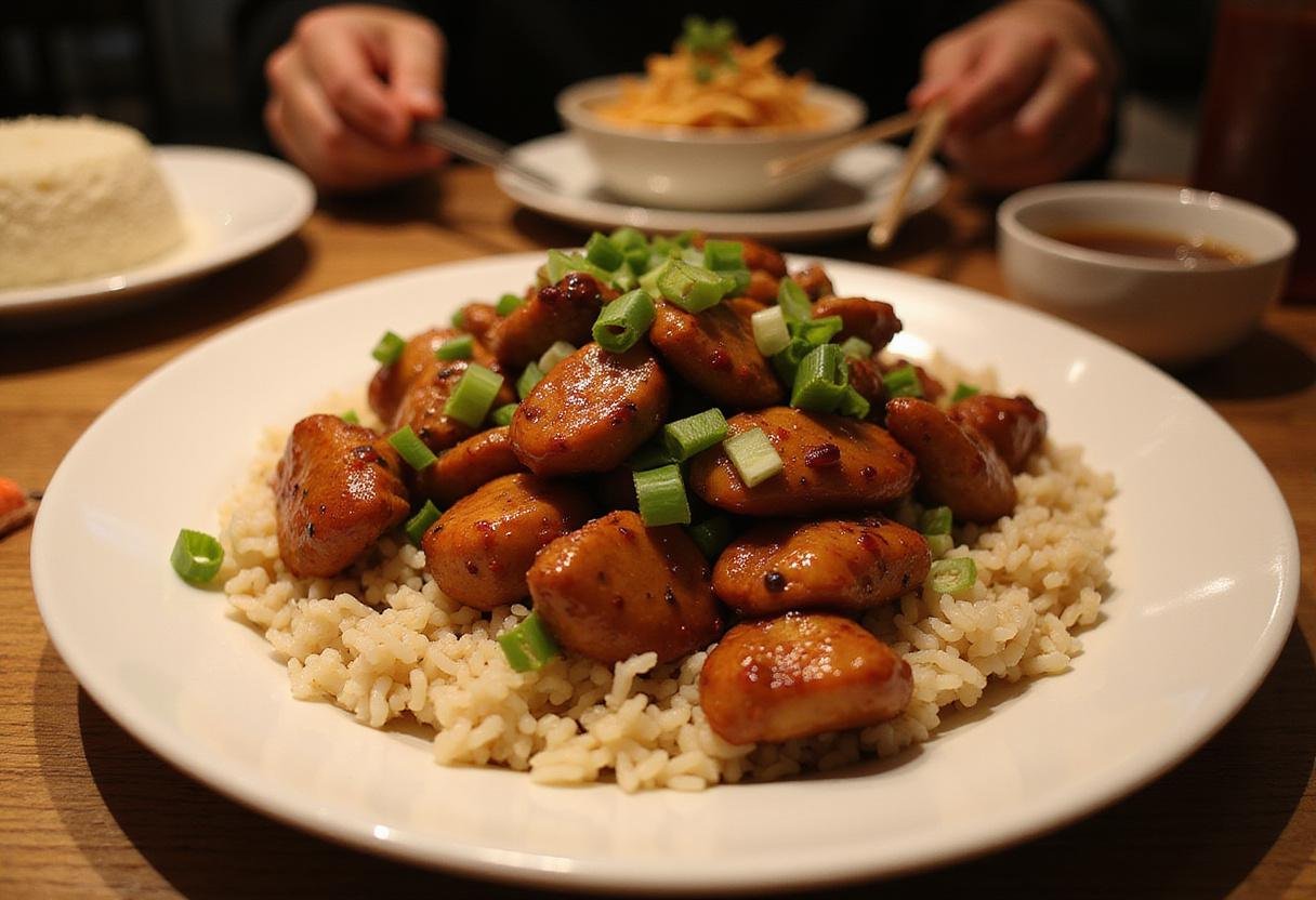 Final presentation of Panda Express black pepper chicken with rice, ideal for a flavorful meal.