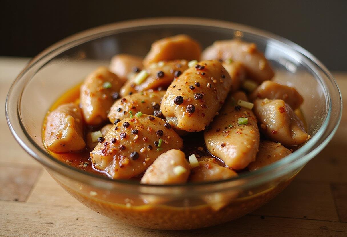 Marinated chicken pieces with black pepper, garlic and soy sauce for Panda Express black pepper chicken recipe.