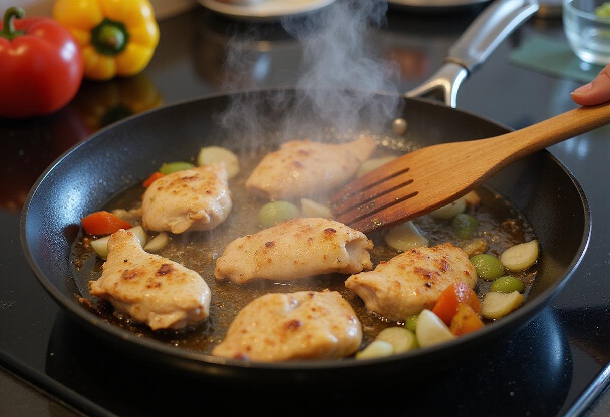 Cooking chicken and vegetables in a frying pan for delicious Panda Express black pepper chicken.