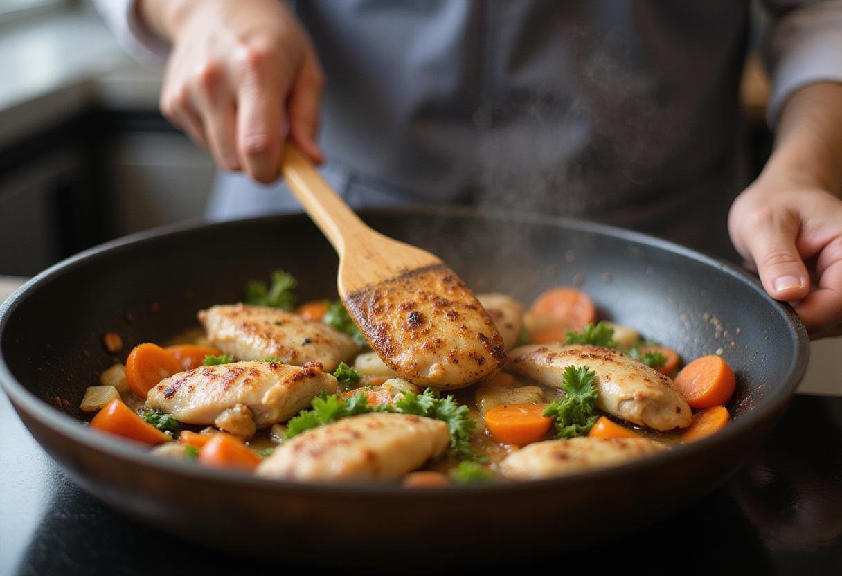 Stir-frying chicken and vegetables for a savory Panda Express black pepper chicken dish.