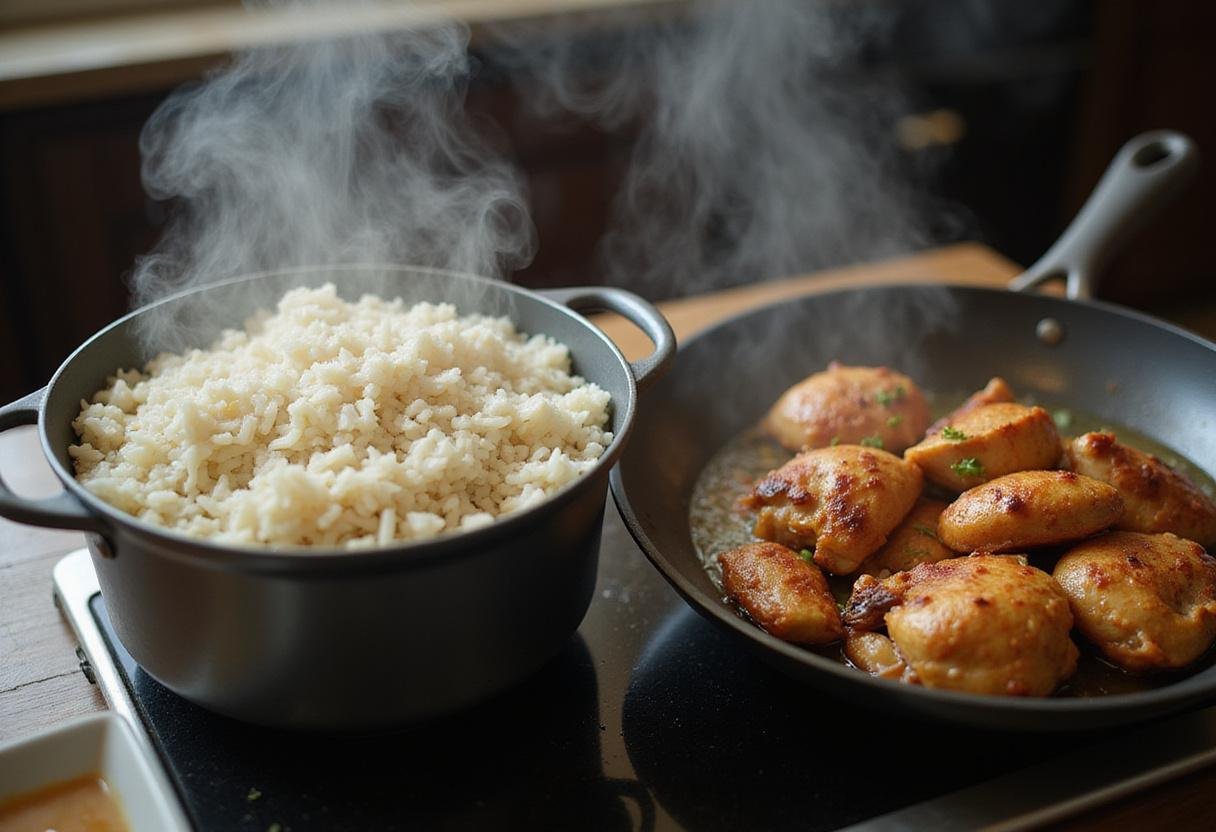 Serving rice with savory Panda Express black pepper chicken preparation in progress.