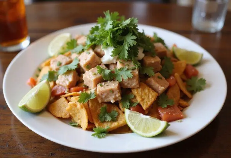Delicious poke nachos supreme served on a wooden table, showcasing fresh poke, vibrant toppings, and crispy tortilla chips, perfect for any gathering.