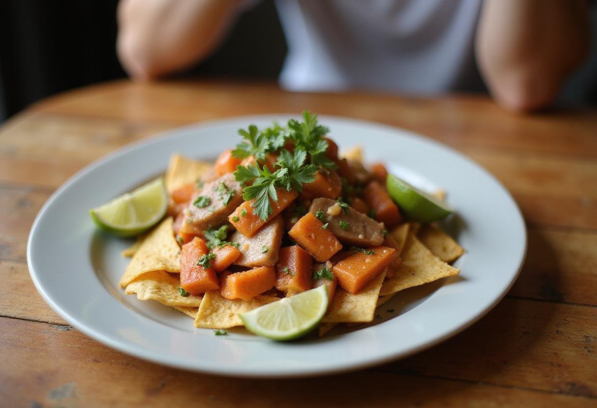 Delicious poke nachos supreme served on a wooden table, showcasing fresh poke, vibrant toppings, and crispy tortilla chips, perfect for any gathering.