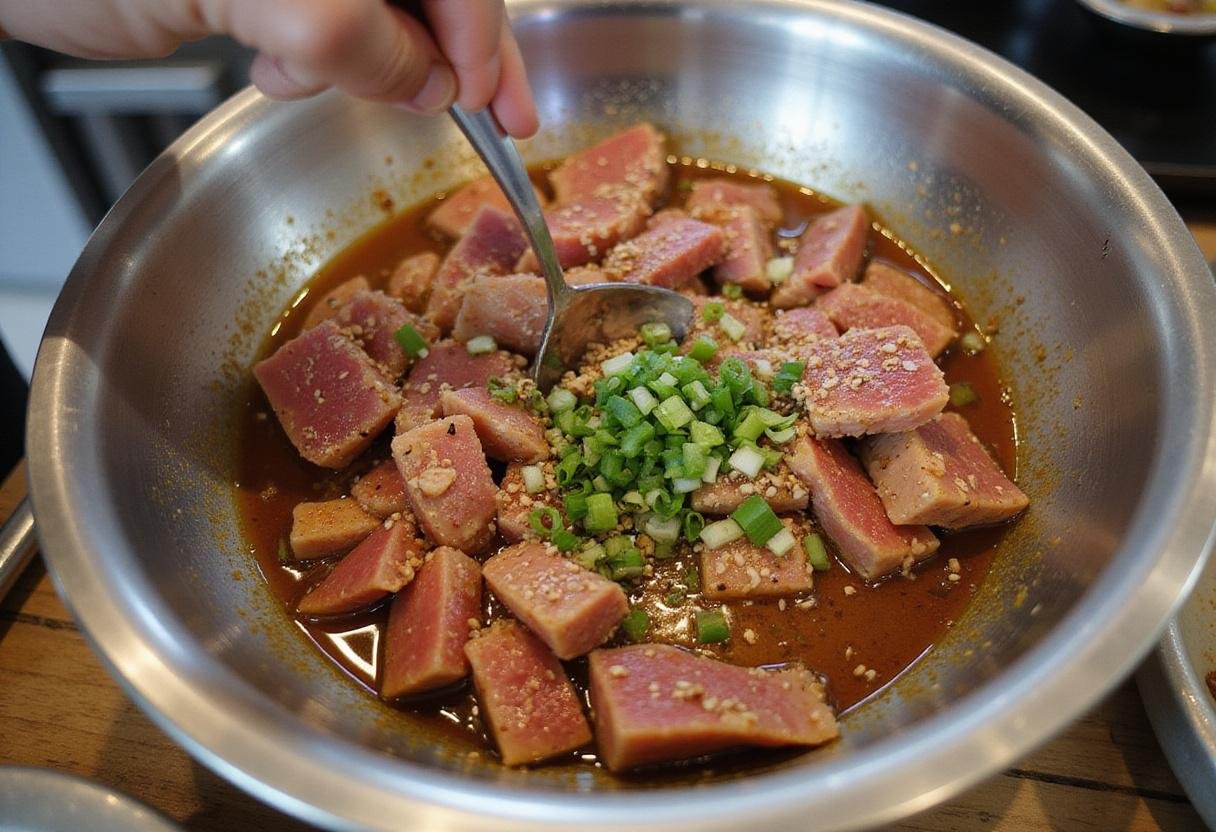 Marinating fresh tuna for poke nachos in a sesame soy dressing, essential for poke nachos flavor.