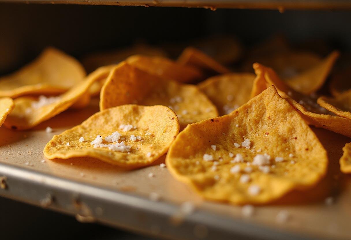Freshly baked crispy tortilla chips prepared for poke nachos supreme, ideal foundation for poke nachos dish.