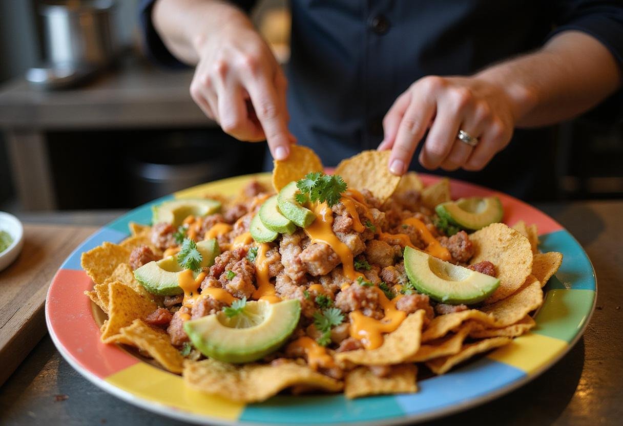 Assembling poke nachos supreme with marinated fresh poke, crunchy chips, and toppings like avocado and spicy mayo, a perfect poke nachos combination.