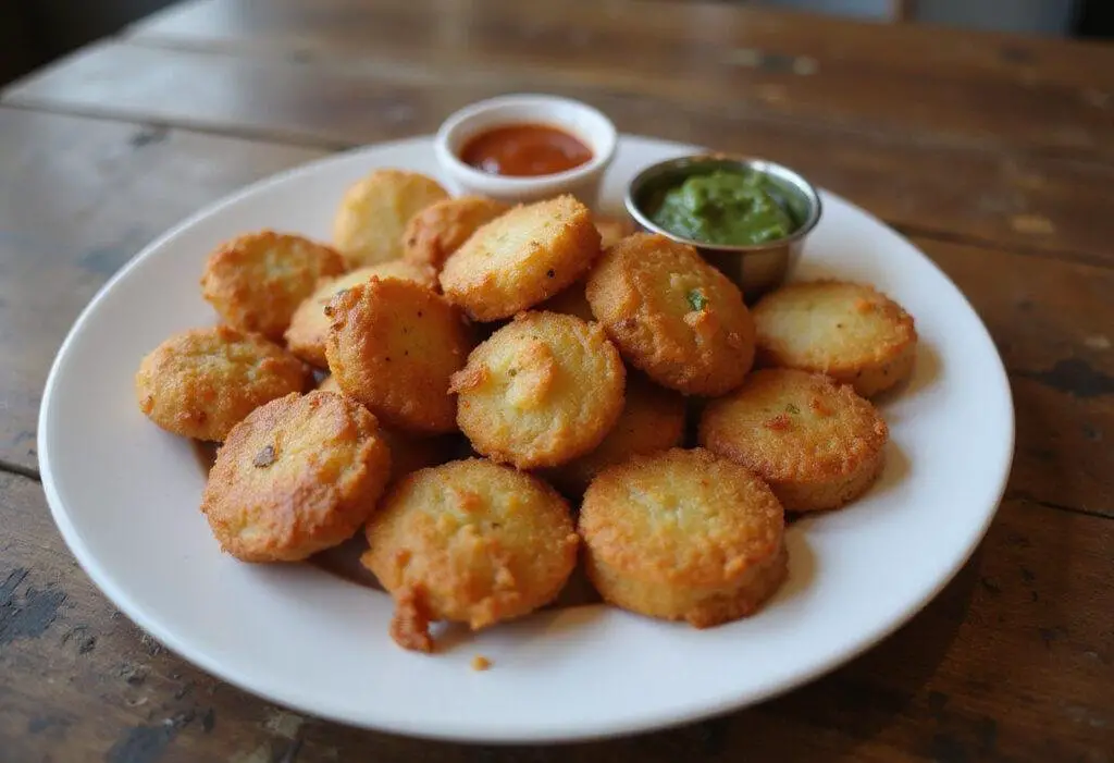 Savory potato bites displayed artistically on a wooden table, showcasing a delicious and crispy appetizer perfect for sharing.
