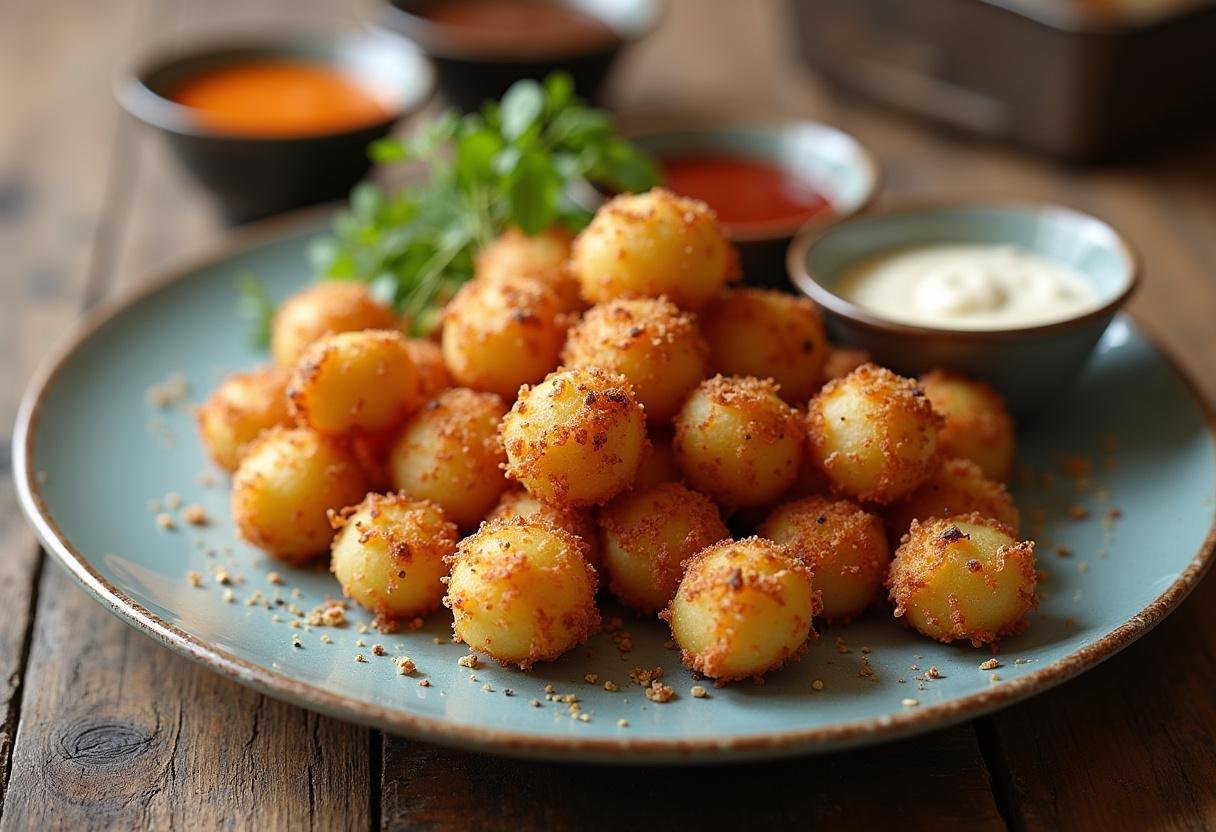 Savory potato bites displayed artistically on a wooden table, showcasing a delicious and crispy appetizer perfect for sharing.