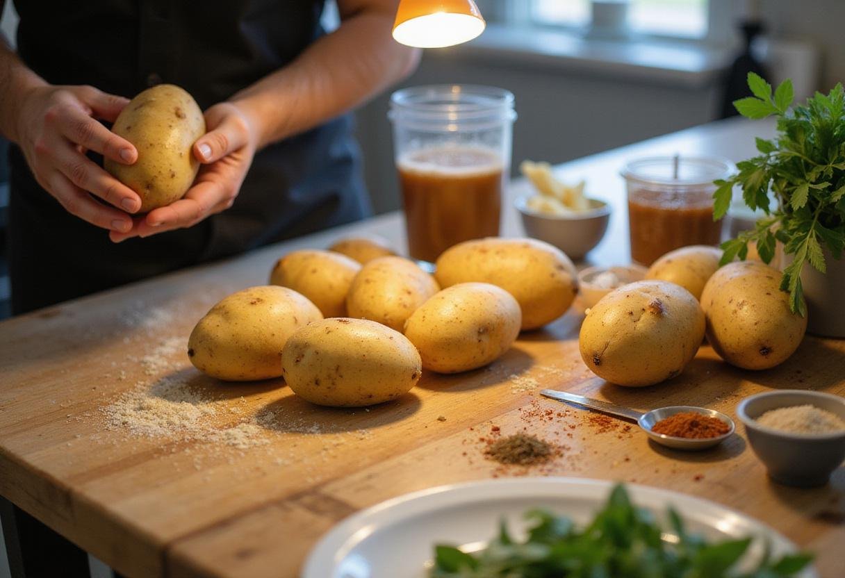 Fresh ingredients for savory potato bites and a chef preparing potatoes for a delicious recipe.
