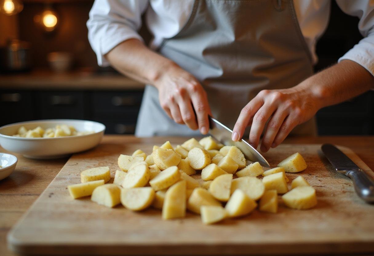 Chopped potatoes for savory potato bites on a cutting board, showcasing preparation steps for a mouthwatering dish.