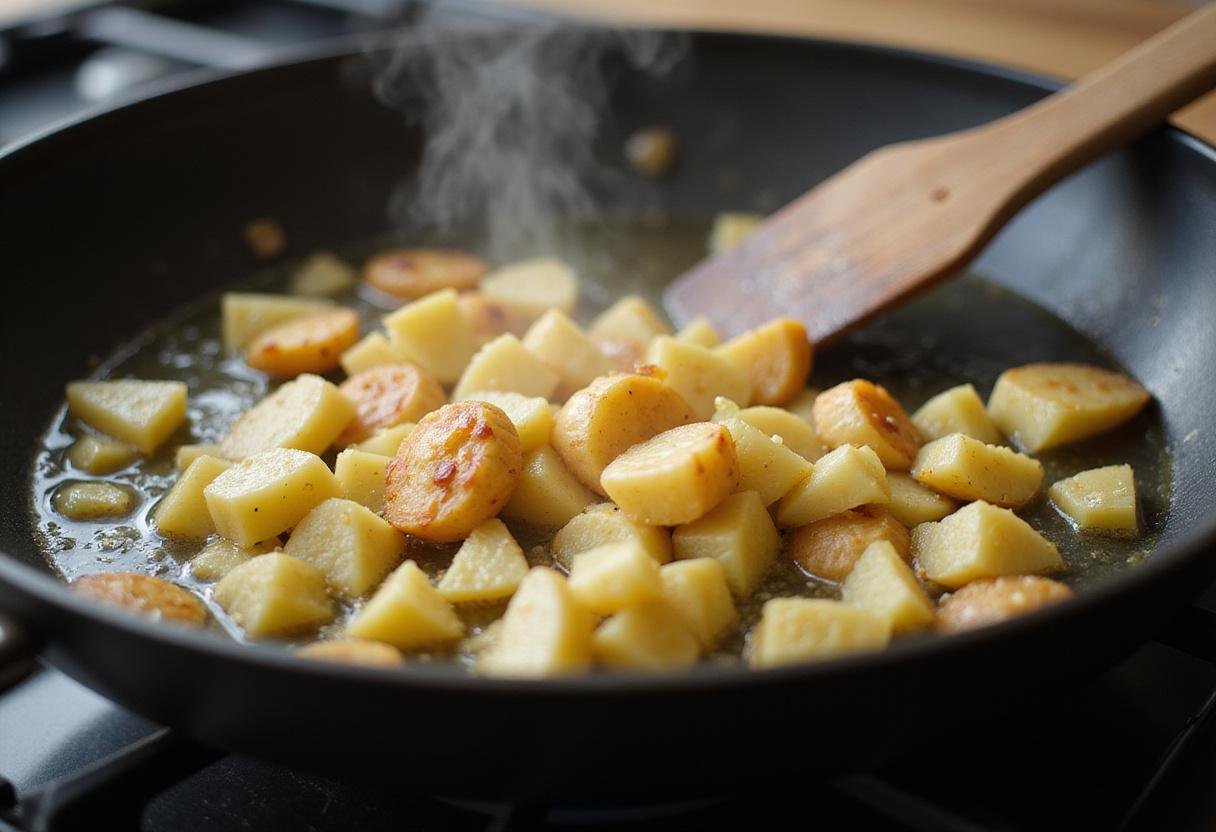 Sizzling diced potatoes in a frying pan, capturing the cooking step for savory potato bites that adds crispy texture.