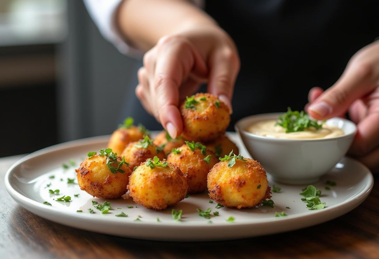 Plated savory potato bites garnished with herbs and a dipping sauce, presented beautifully for a delicious experience.