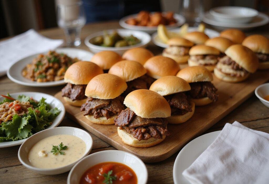 Complete savory roast beef slider feast with Hawaiian rolls, showcasing a delicious spread perfect for any gathering.