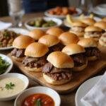 Complete savory roast beef slider feast with Hawaiian rolls, showcasing a delicious spread perfect for any gathering.