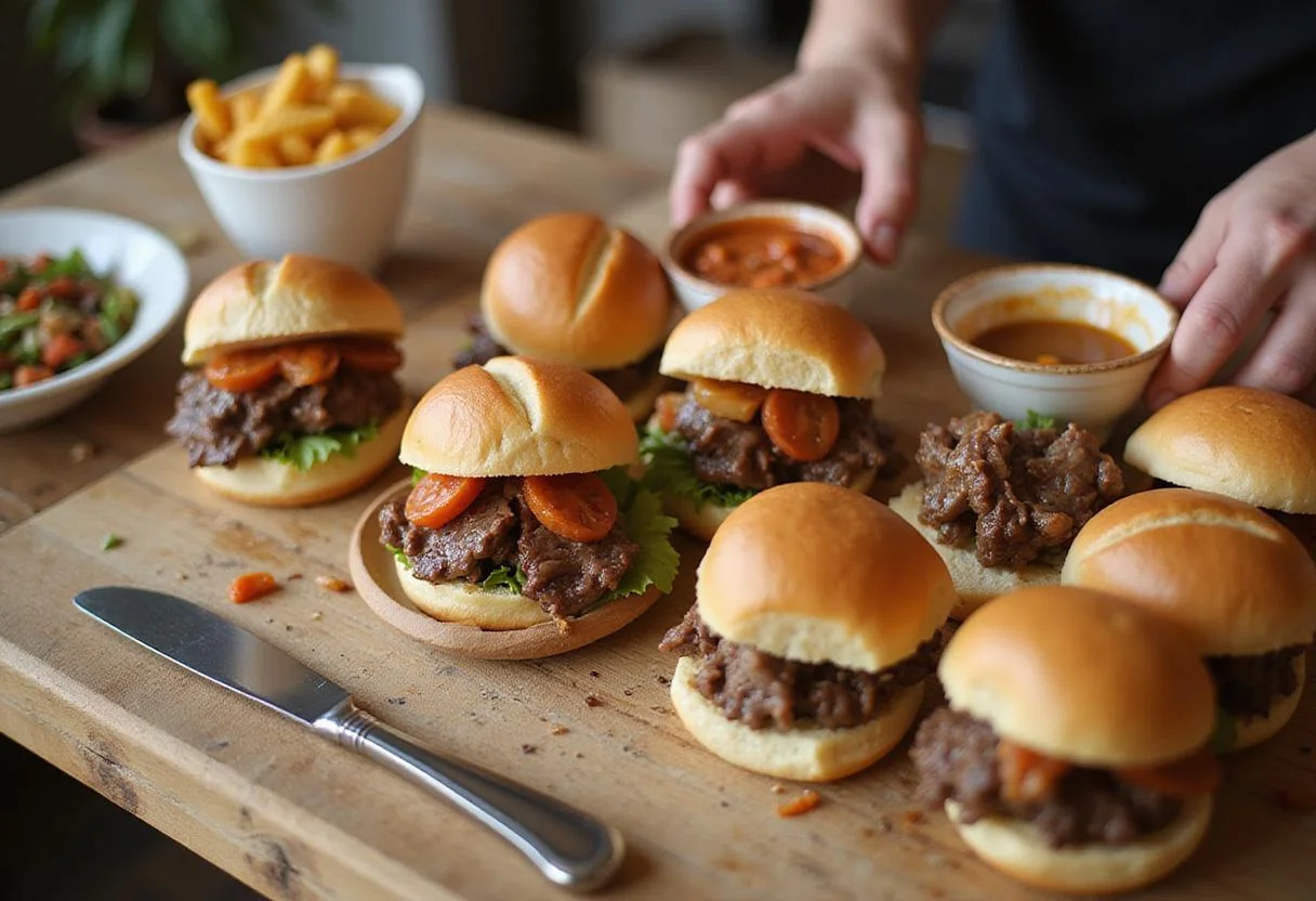 Complete savory roast beef slider feast with Hawaiian rolls, showcasing a delicious spread perfect for any gathering.
