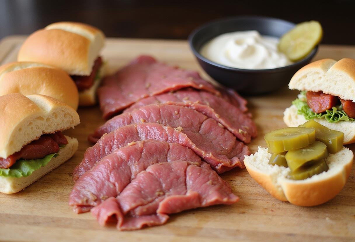 Preparing roast beef sliders with Hawaiian rolls and horseradish sauce, showcasing the ingredients for a savory slider feast.