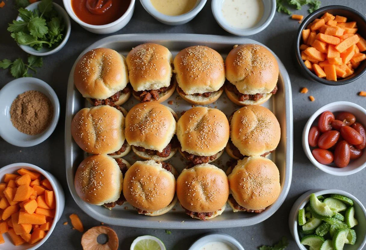 Finalizing savory roast beef sliders with Hawaiian rolls, showcasing a beautiful assembly of toppings and sauces for an irresistible feast.
