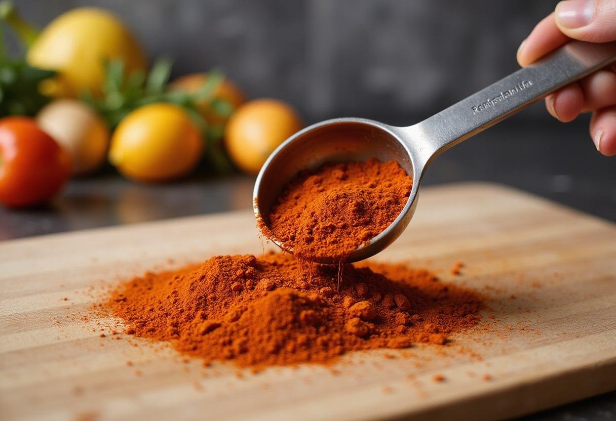 Mixing paprika into a spice blend for a savory onion powder substitute, showcasing a colorful and aromatic culinary preparation.