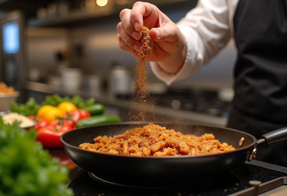 Adding a homemade spice blend as an onion powder substitute to a savory dish, enhancing flavor with fresh ingredients.