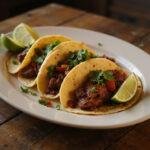 Deliciously plated savory spiced venison tacos with lime wedges, presenting an enticing final dish that's perfect for taco lovers.