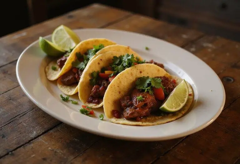 Deliciously plated savory spiced venison tacos with lime wedges, presenting an enticing final dish that's perfect for taco lovers.